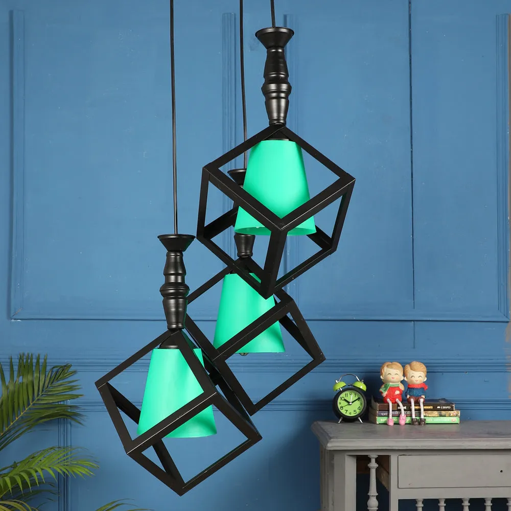 Wooden Black Framed Green Glass Cluster Hanging Lights Single Piece