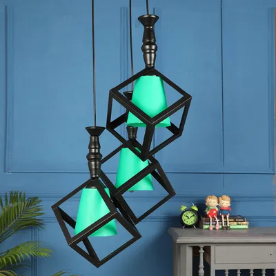 Wooden Black Framed Green Glass Cluster Hanging Lights