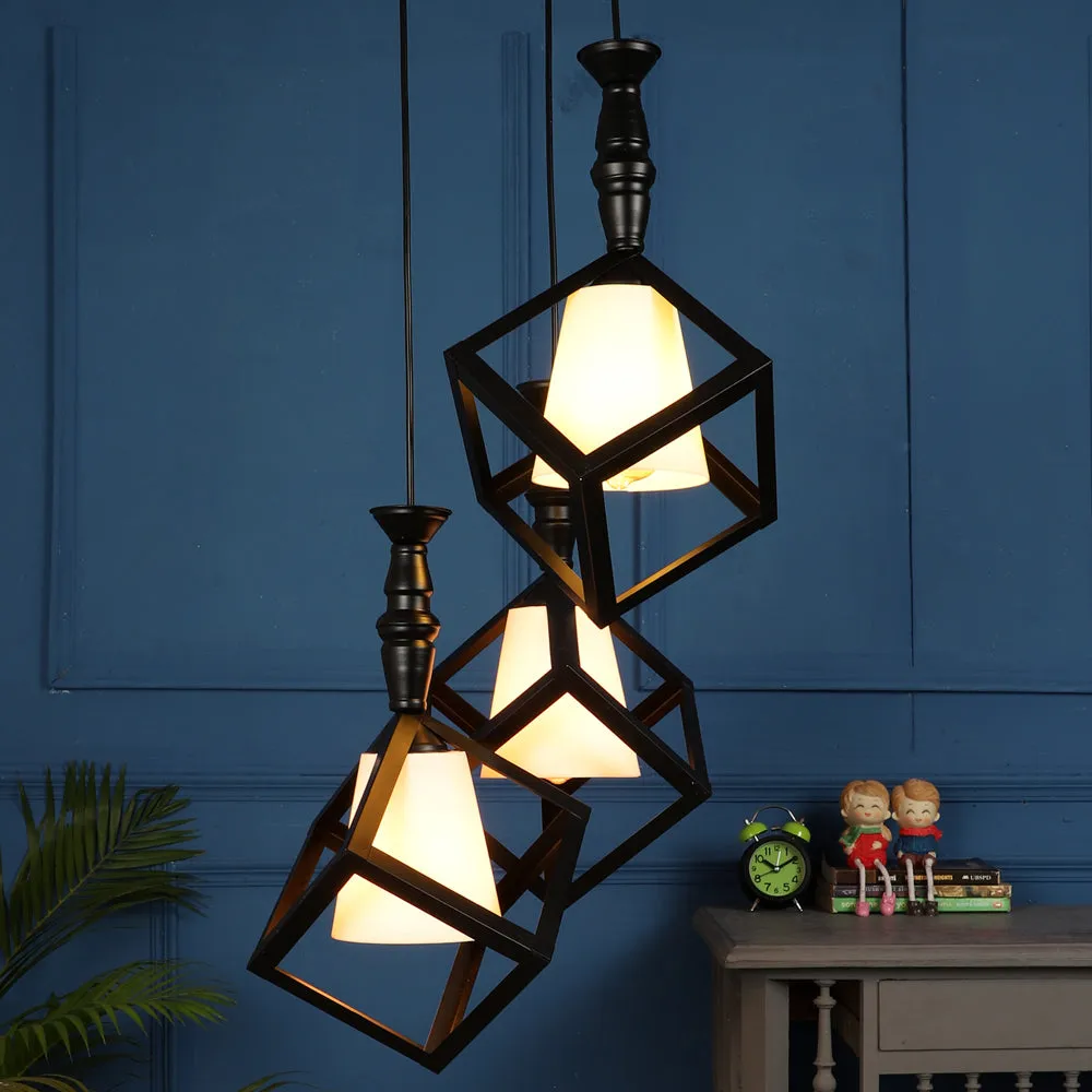 Wooden Black Framed White Glass Cluster Hanging Lights