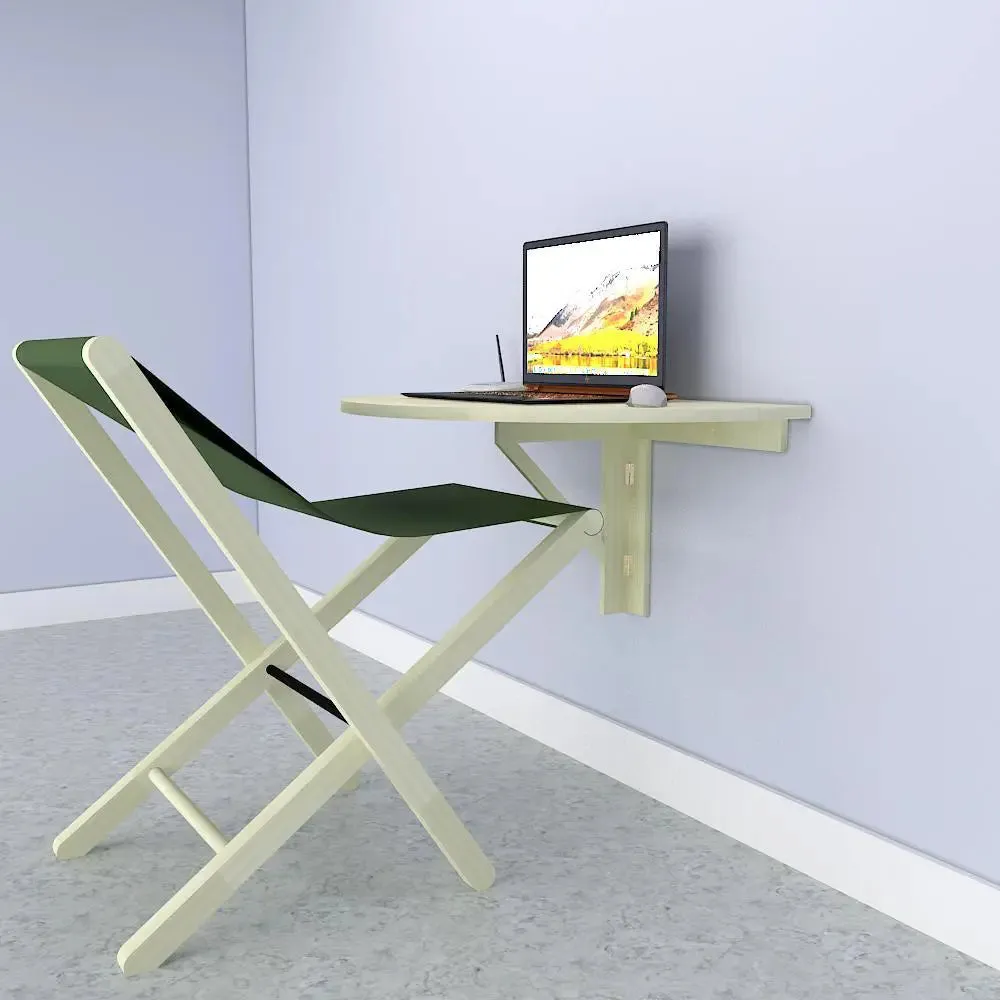 Wooden Decorative Foldable Curve Shape Laptop Study Table &amp; Chair / Laptop Shelf, Nature wood color