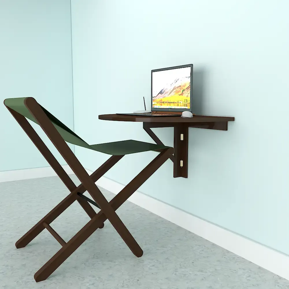 Wooden Decorative Foldable Curve Shape Laptop Study Table &amp; Chair / Laptop Shelf, Walnut Finish