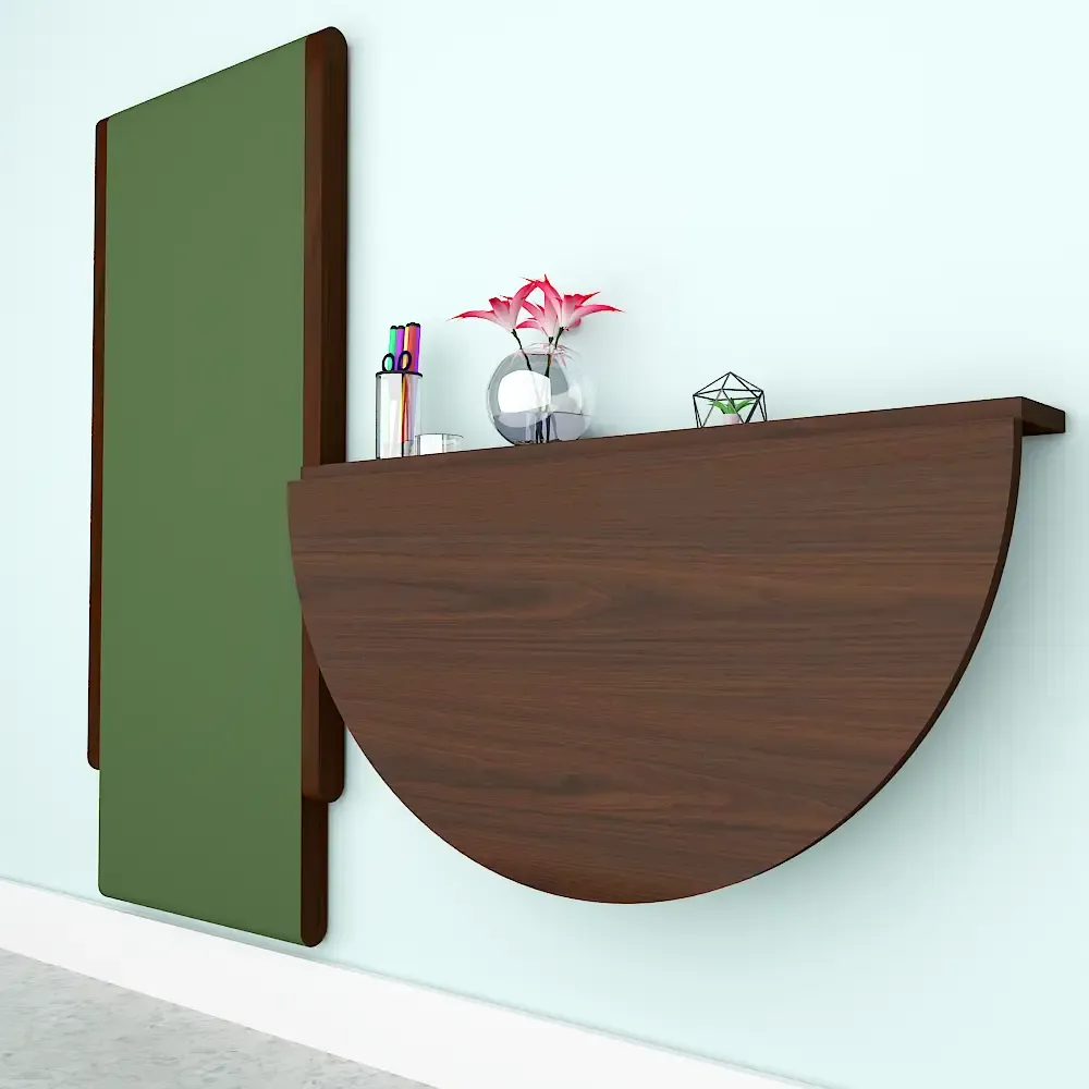 Wooden Decorative Foldable Curve Shape Laptop Study Table &amp; Chair / Laptop Shelf, Walnut Finish