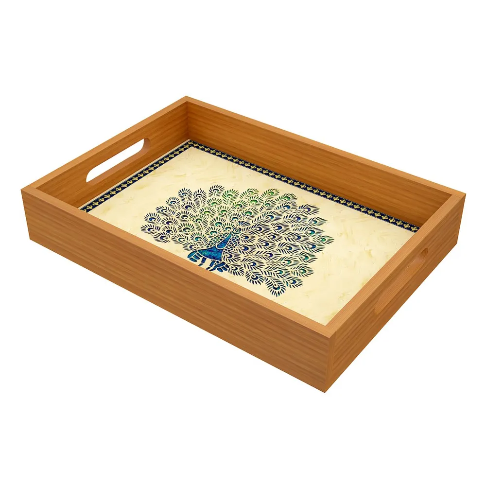 Wooden Designer Serving Tray with Trendy Peacock Design Print