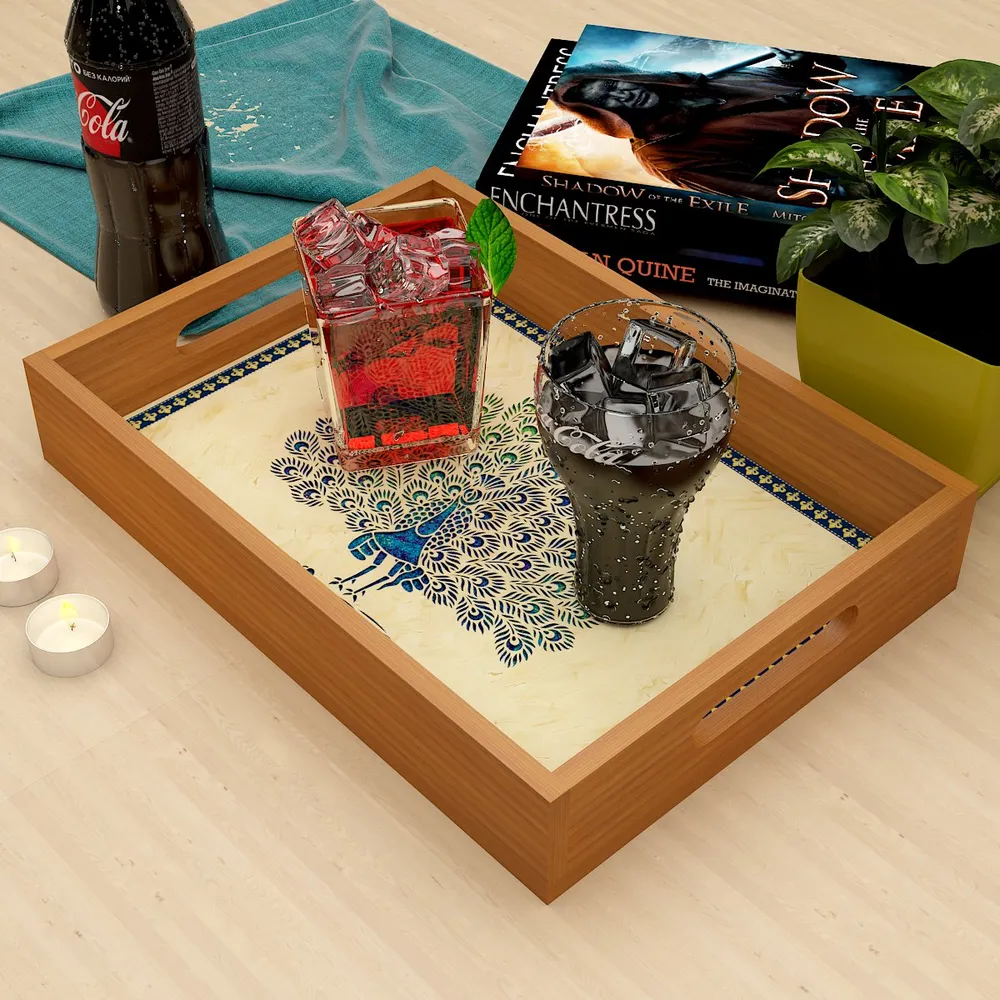 Wooden Designer Serving Tray with Trendy Peacock Design Print
