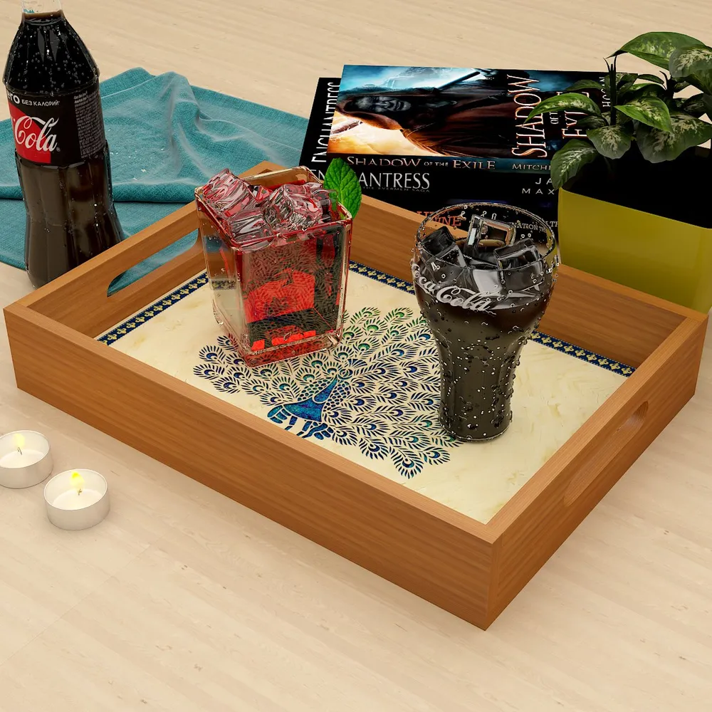 Wooden Designer Serving Tray with Trendy Peacock Design Print