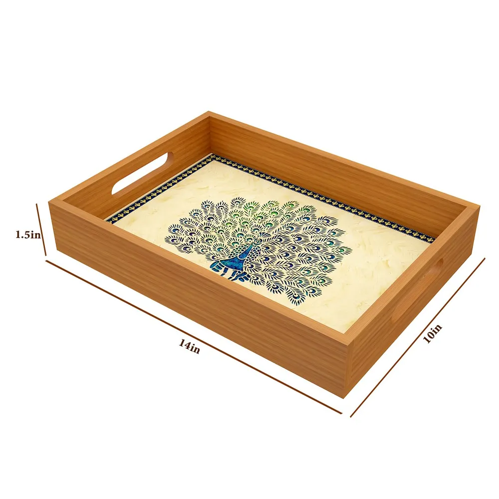 Wooden Designer Serving Tray with Trendy Peacock Design Print