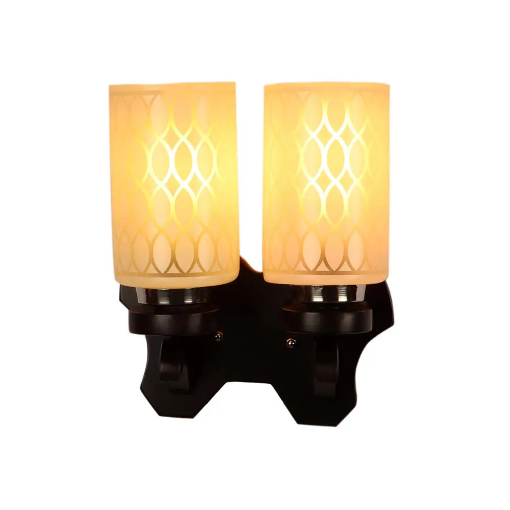 Wooden Fixture Patterned Cylindrical Dual Wall Light Single Piece
