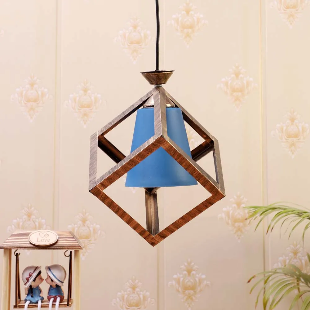 Wooden Motif Cubic Blue Modern Club Single Hanging Light