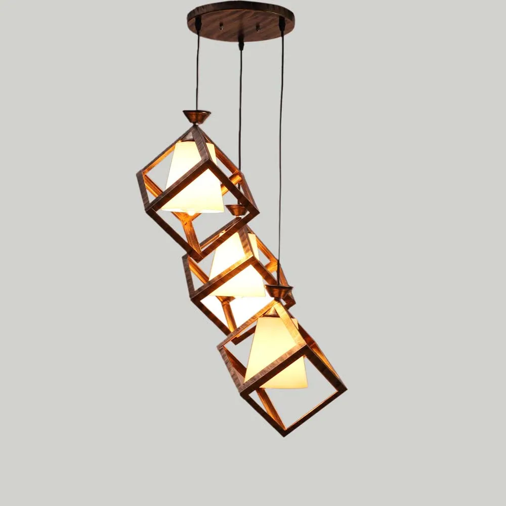 Wooden Motif Cubic White Modern Club Cluster Hanging Lights Single Piece