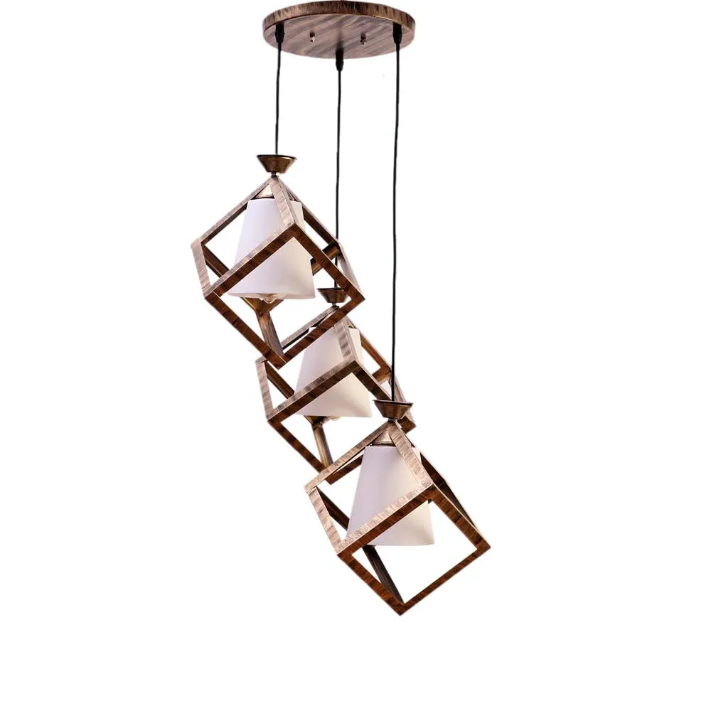 Wooden Motif Cubic White Modern Club Cluster Hanging Lights Single Piece