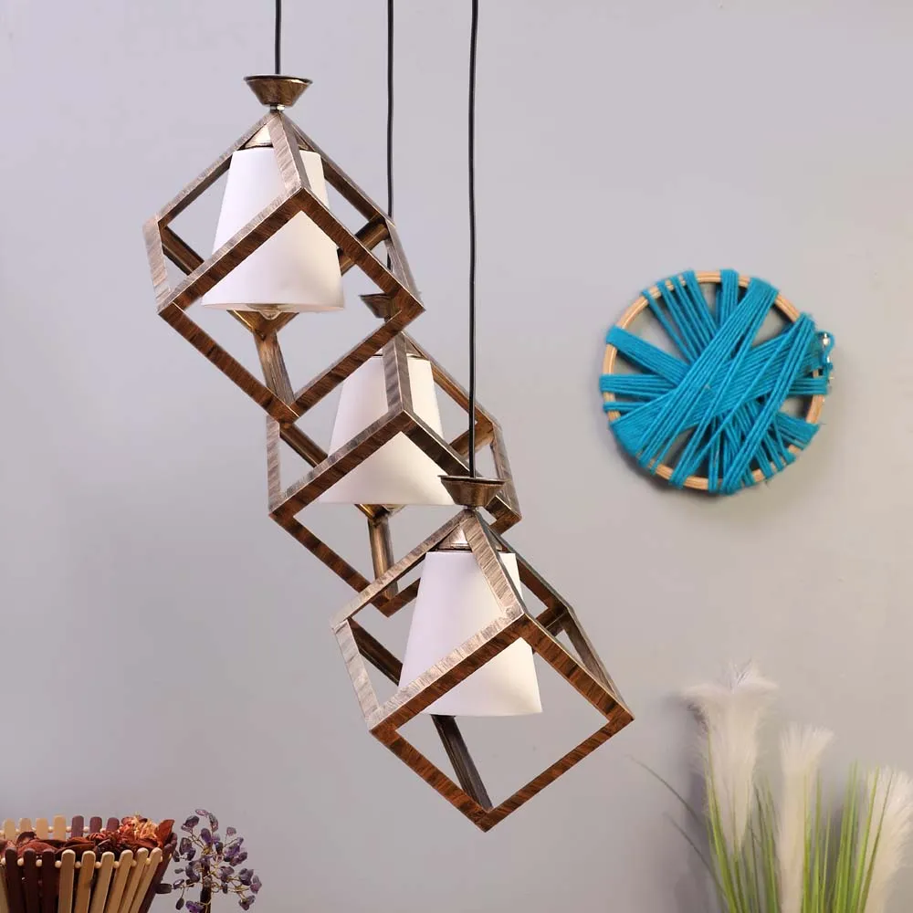 Wooden Motif Cubic White Modern Club Cluster Hanging Lights Single Piece