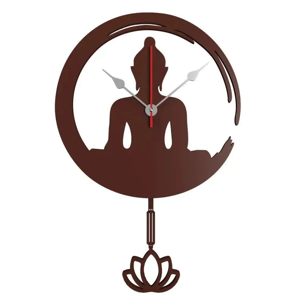 Wooden Pendulum Wall Clock of Buddha sitting in lotus of Brown Color