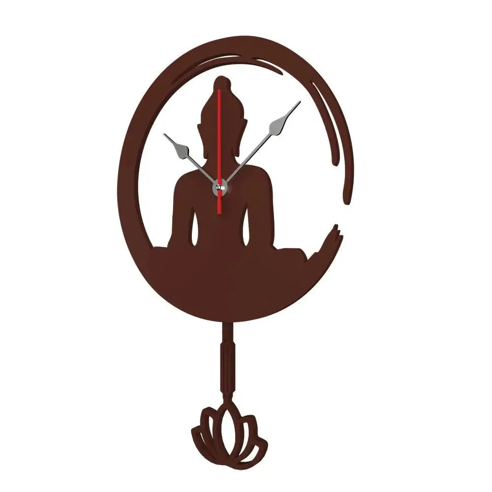 Wooden Pendulum Wall Clock of Buddha sitting in lotus of Brown Color
