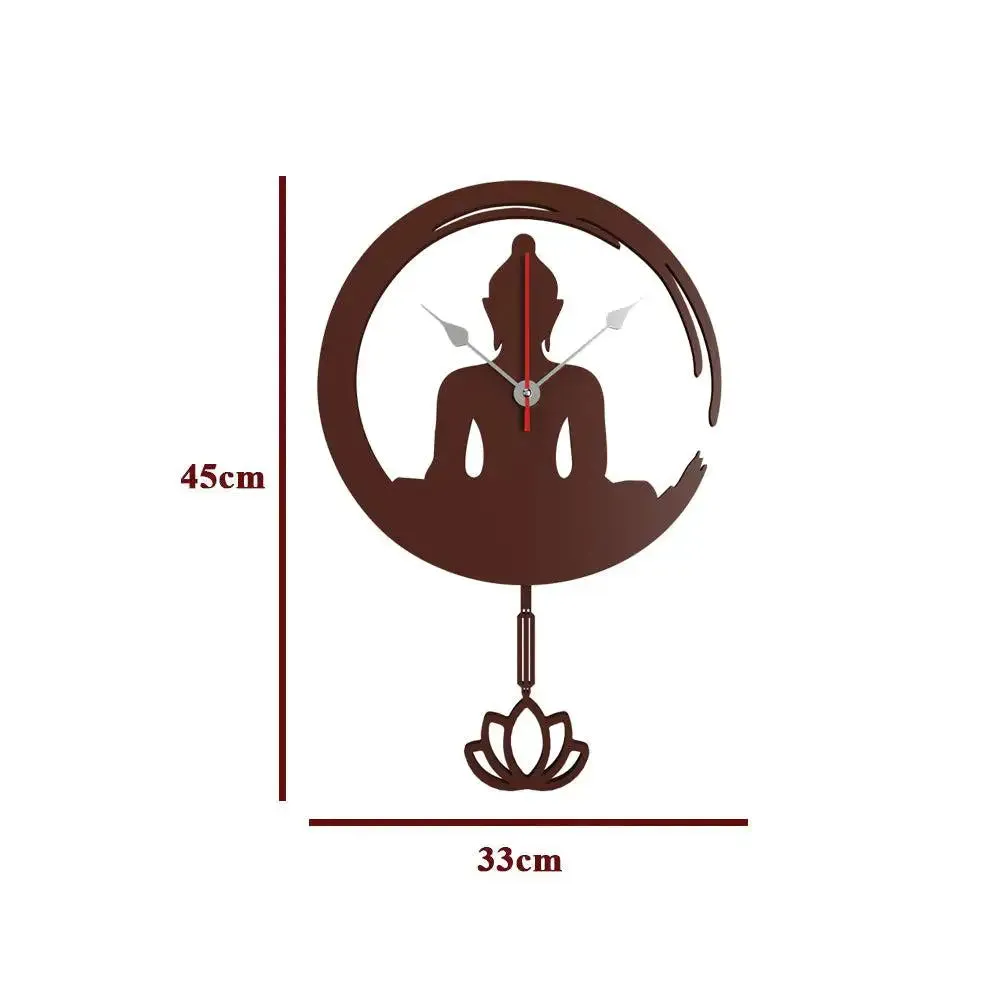 Wooden Pendulum Wall Clock of Buddha sitting in lotus of Brown Color