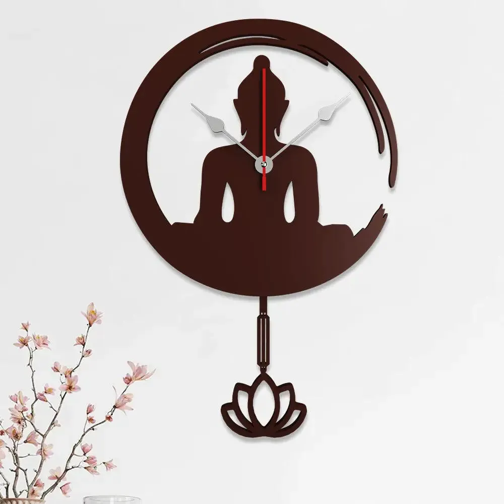 Wooden Pendulum Wall Clock of Buddha sitting in lotus of Brown Color