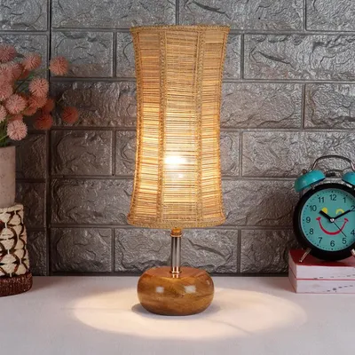 Wooden table lamp with Damru Bamboo Shade