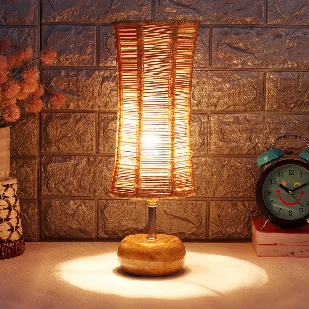 Wooden table lamp with Damru Bamboo Shade Single Piece