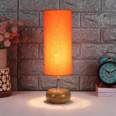 Wooden table lamp with Orange Cotton Shade