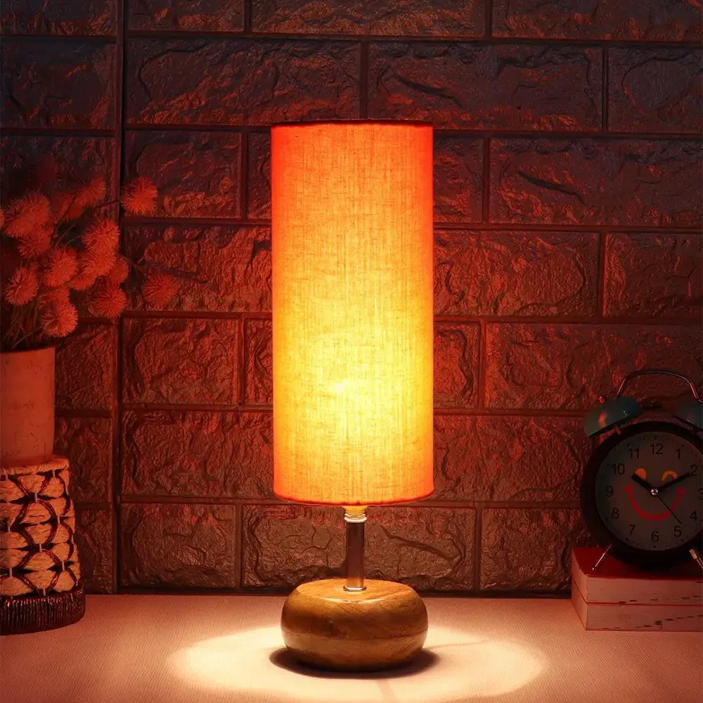 Wooden table lamp with Orange Cotton Shade