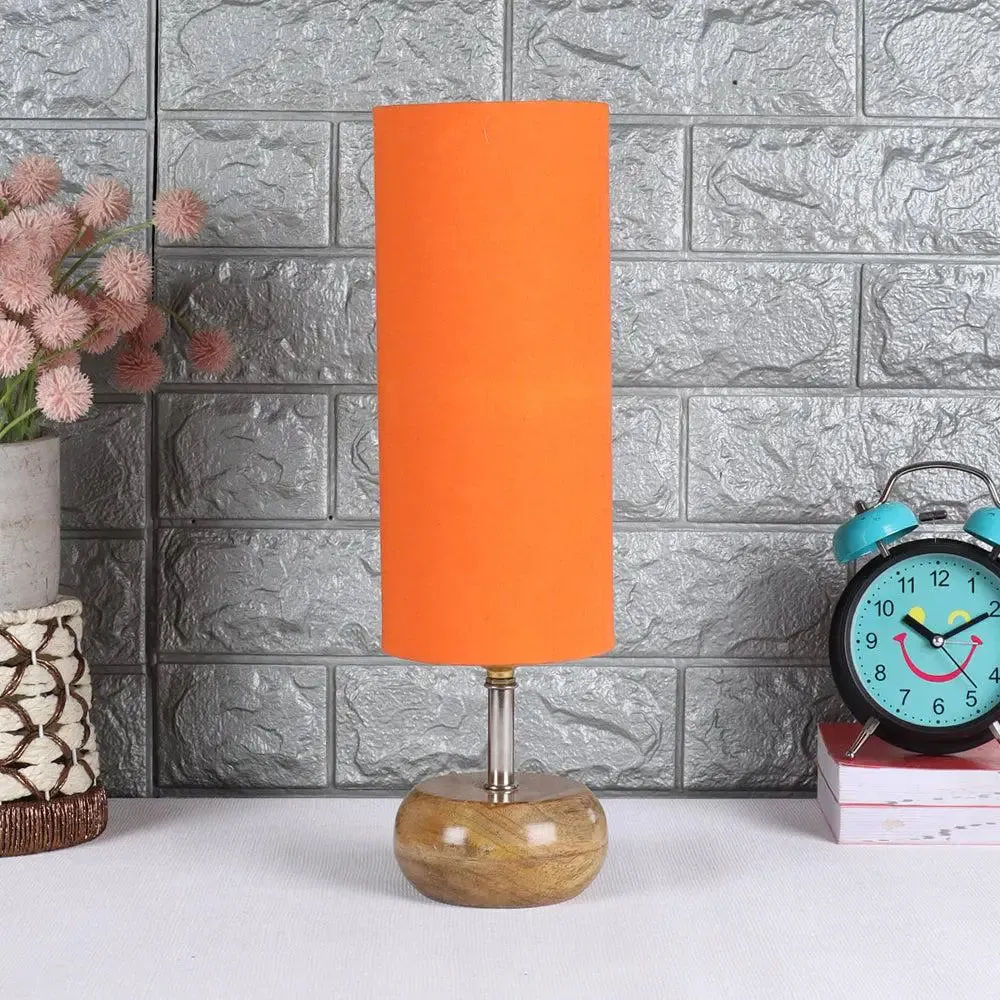 Wooden table lamp with Orange Cotton Shade