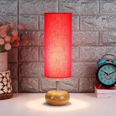 Wooden table lamp with Red Cotton Shade