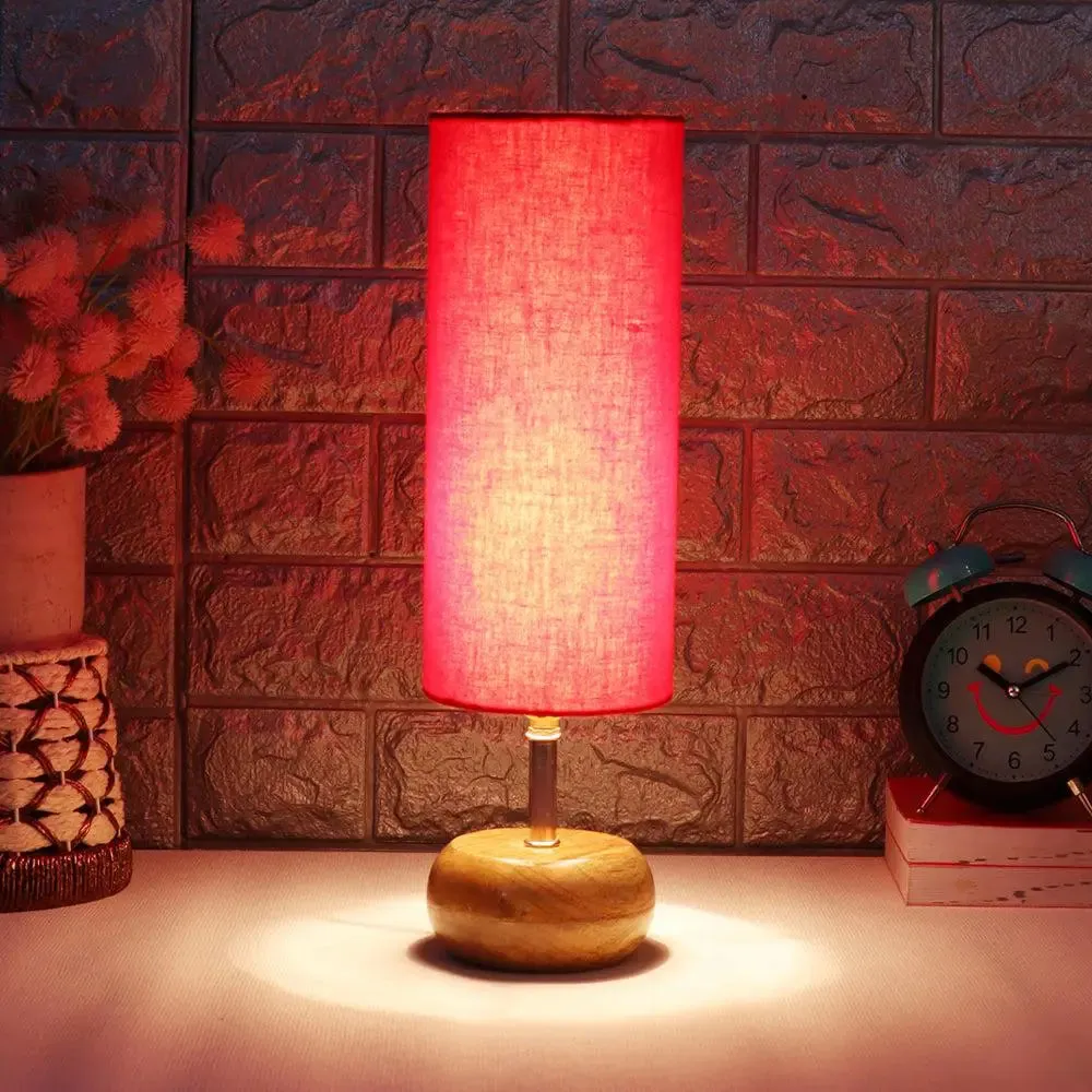 Wooden table lamp with Red Cotton Shade