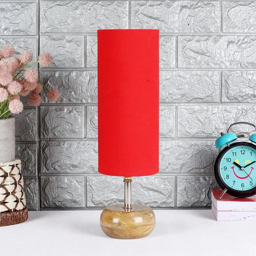 Wooden table lamp with Red Cotton Shade