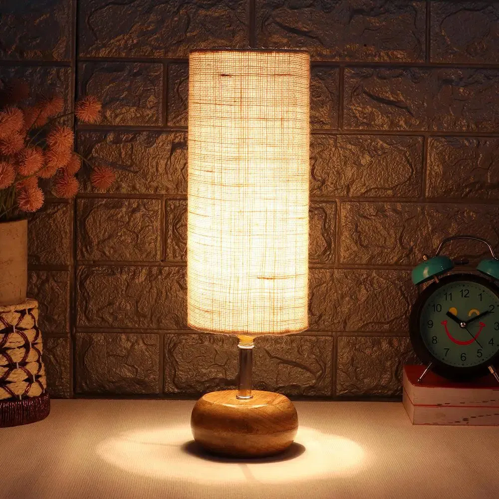 Wooden table lamp with White Jute Shade