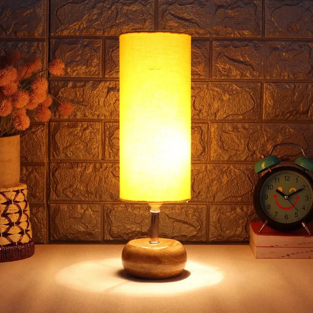 Wooden table lamp with Yellow Cotton Shade