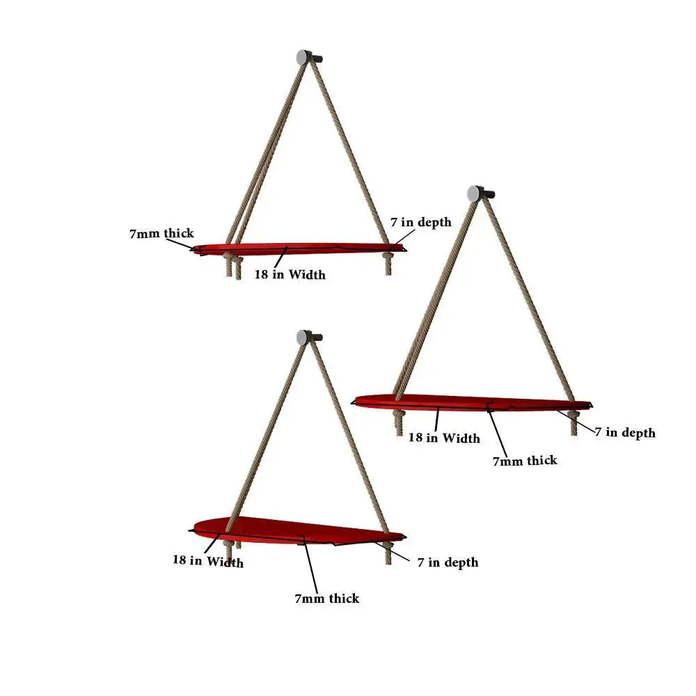 Wooden Wall Hanging Curve Shape Planter Shelf with Rope (Set of 3 Red Color)