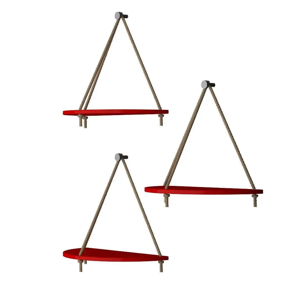 Wooden Wall Hanging Curve Shape Planter Shelf with Rope (Set of 3 Red Color)
