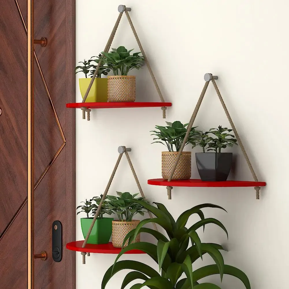 Wooden Wall Hanging Curve Shape Planter Shelf with Rope (Set of 3 Red Color)