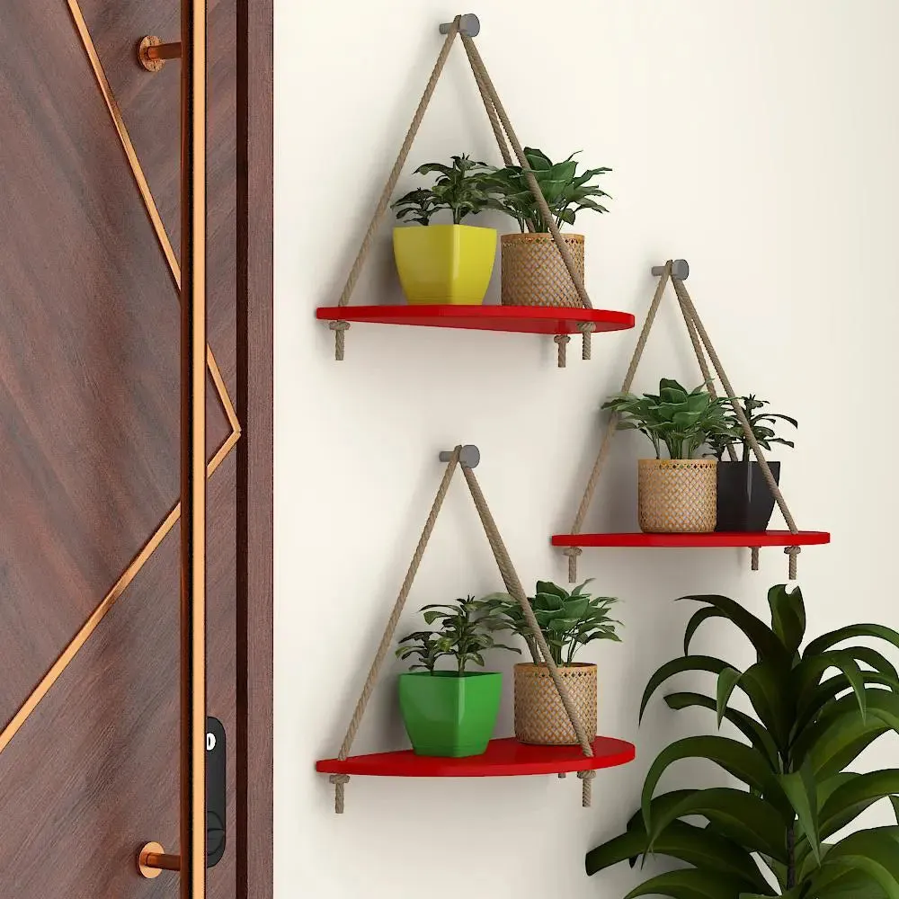 Wooden Wall Hanging Curve Shape Planter Shelf with Rope (Set of 3 Red Color)