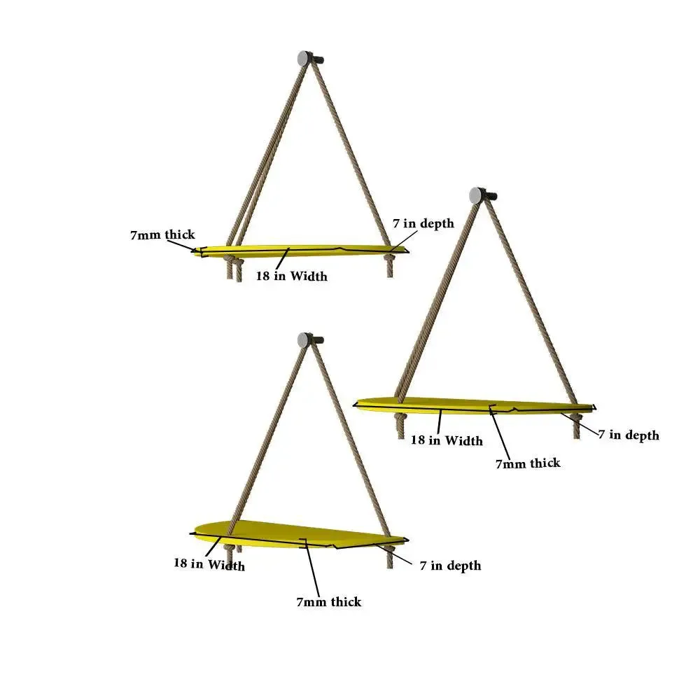 Wooden Wall Hanging Curve Shape Planter Shelf with Rope (Set of 3 Yellow Color)