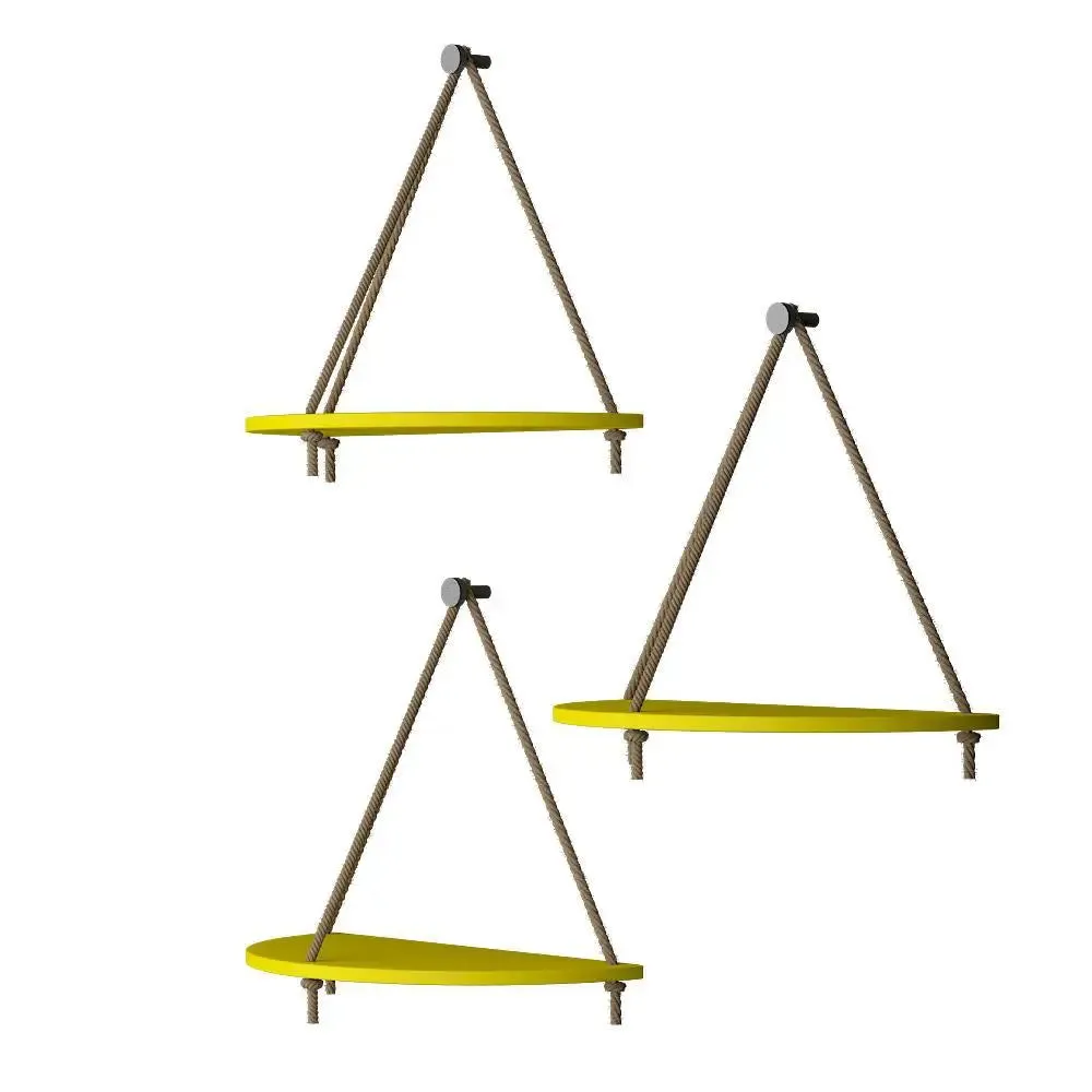 Wooden Wall Hanging Curve Shape Planter Shelf with Rope (Set of 3 Yellow Color)