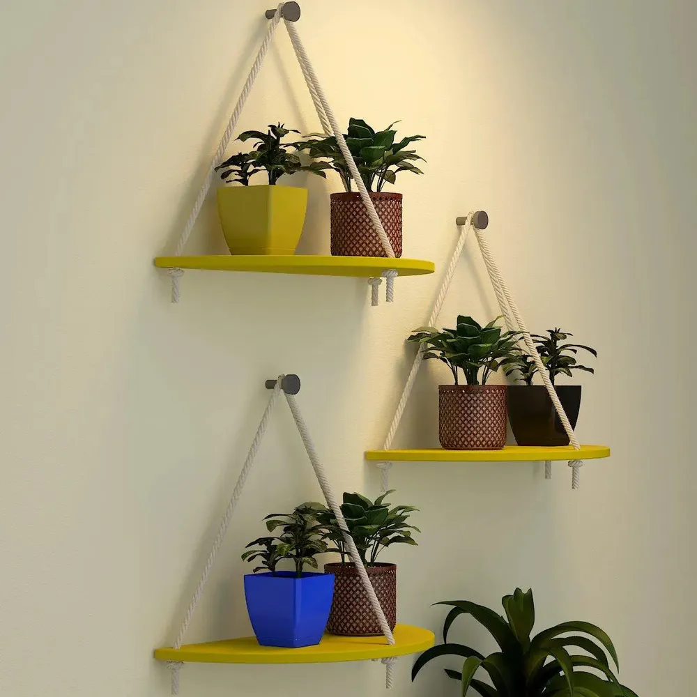 Wooden Wall Hanging Curve Shape Planter Shelf with Rope (Set of 3 Yellow Color)
