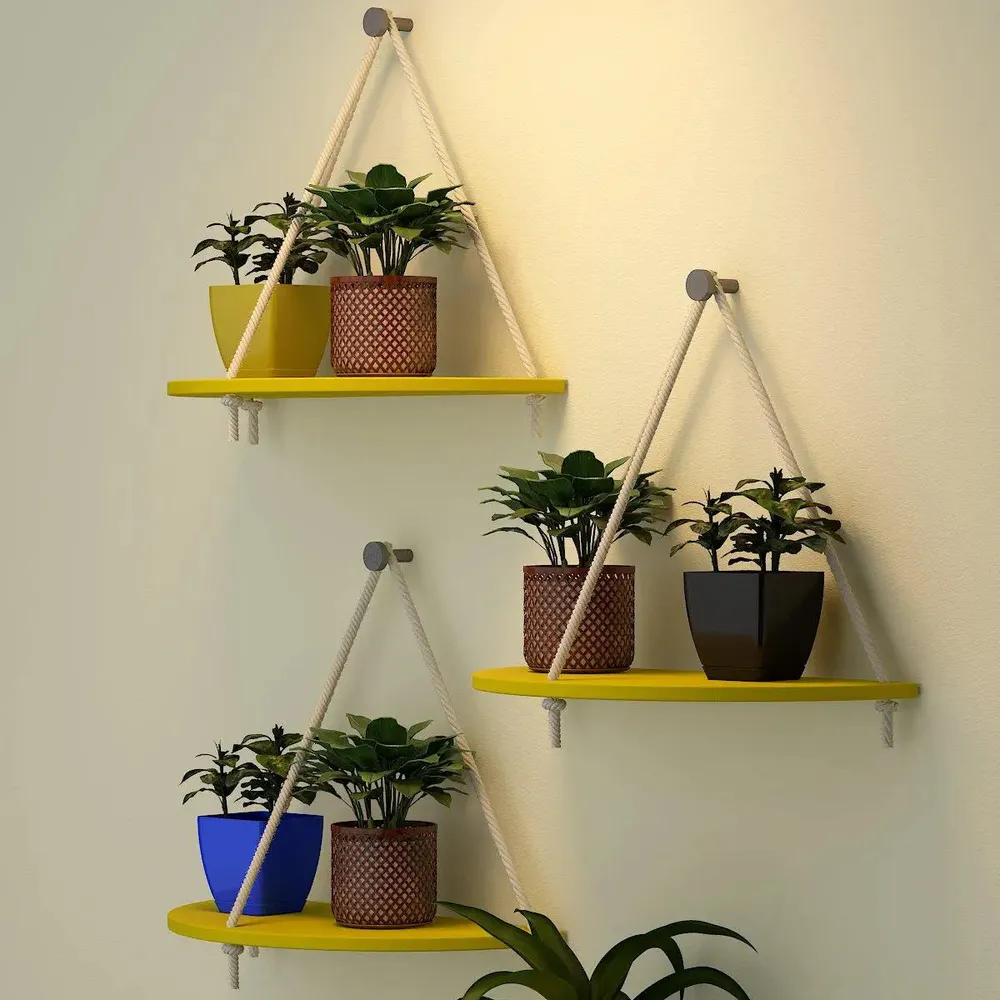 Wooden Wall Hanging Curve Shape Planter Shelf with Rope (Set of 3 Yellow Color)