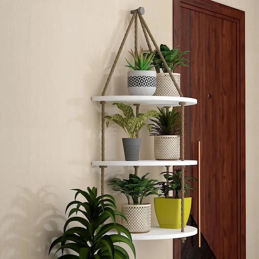 Wooden Wall Hanging Planter Curve Shape Shelf with Rope (3 layers, White Color)