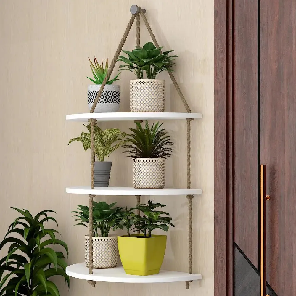 Wooden Wall Hanging Planter Curve Shape Shelf with Rope (3 layers, White Color)