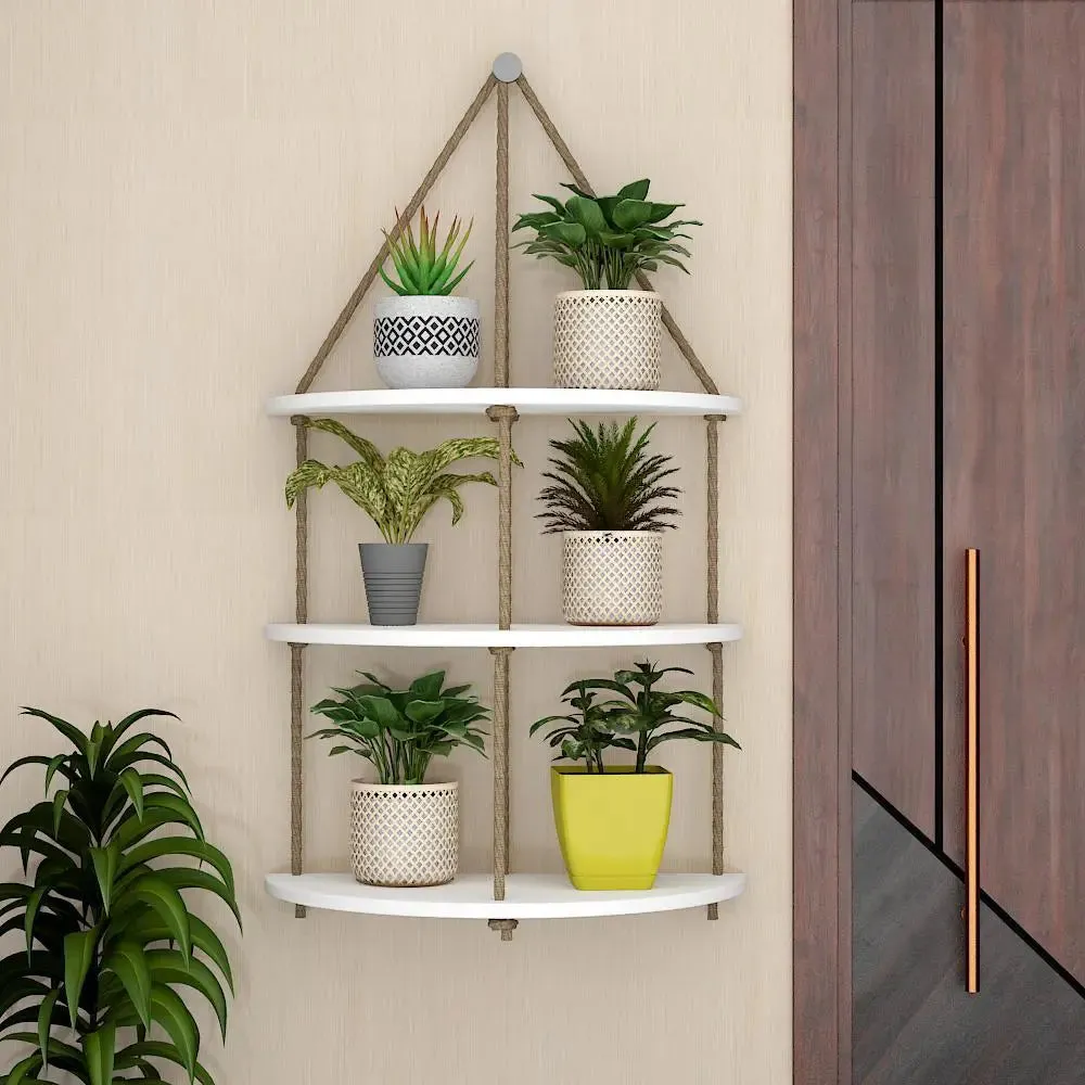 Wooden Wall Hanging Planter Curve Shape Shelf with Rope (3 layers, White Color)