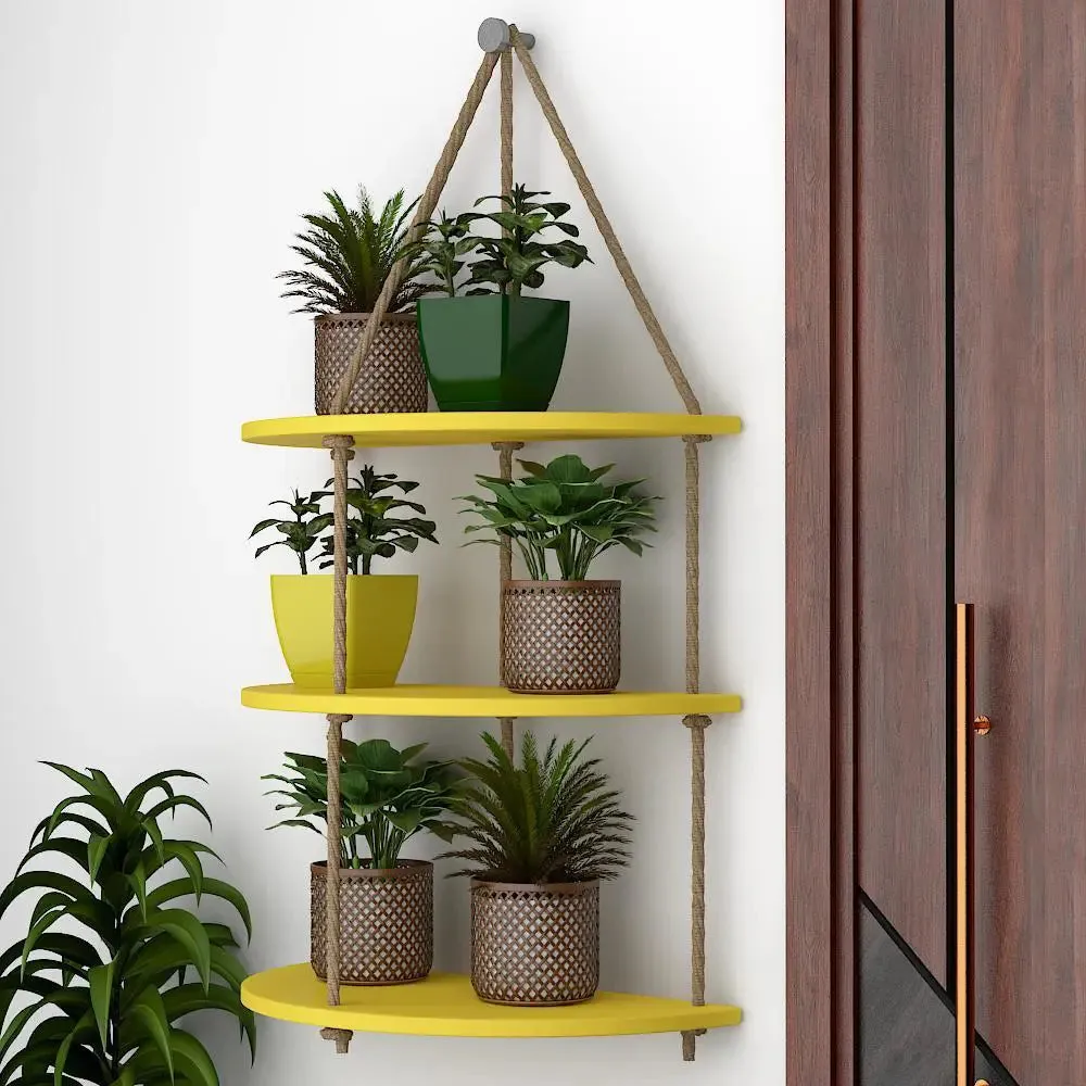 Wooden Wall Hanging Planter Curve Shape Shelf with Rope (3 layers, Yellow Color)