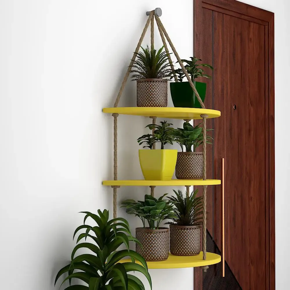 Wooden Wall Hanging Planter Curve Shape Shelf with Rope (3 layers, Yellow Color)