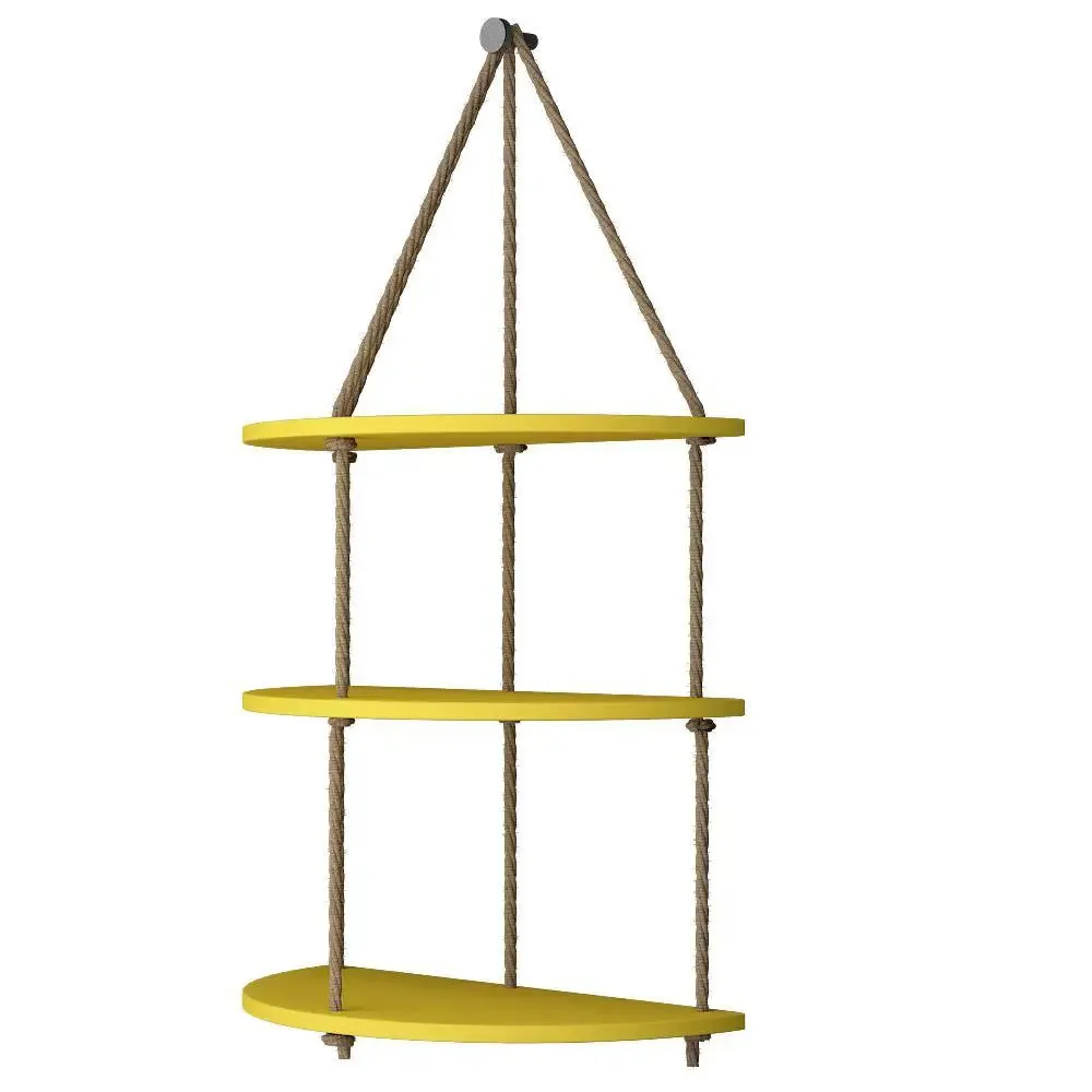 Wooden Wall Hanging Planter Curve Shape Shelf with Rope (3 layers, Yellow Color)