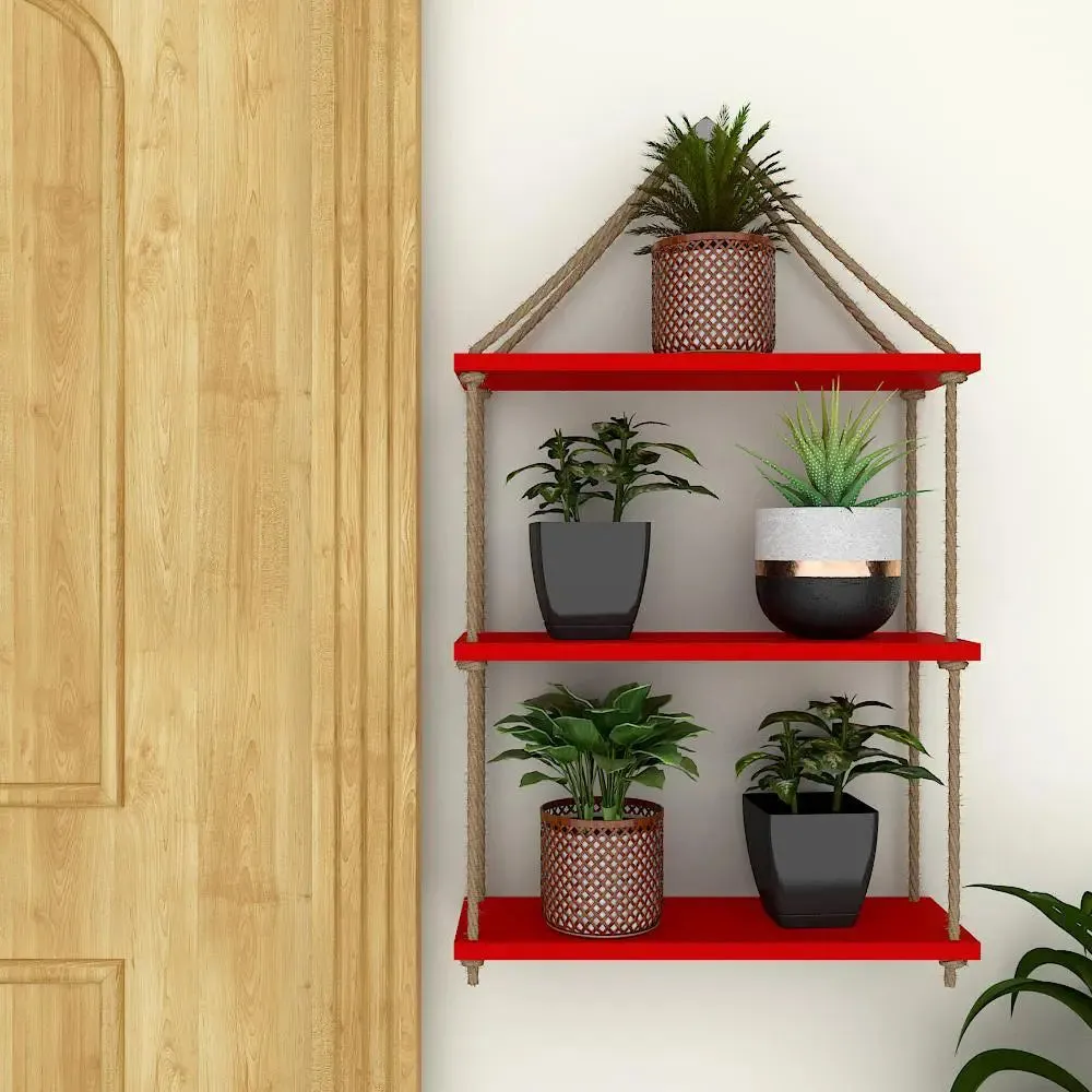 Wooden Wall Hanging Planter Shelf with Rope (3 layers, Red Color)