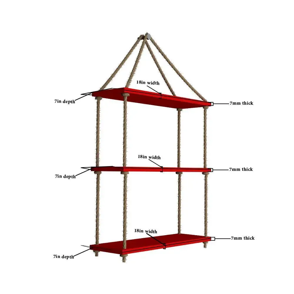 Wooden Wall Hanging Planter Shelf with Rope (3 layers, Red Color)
