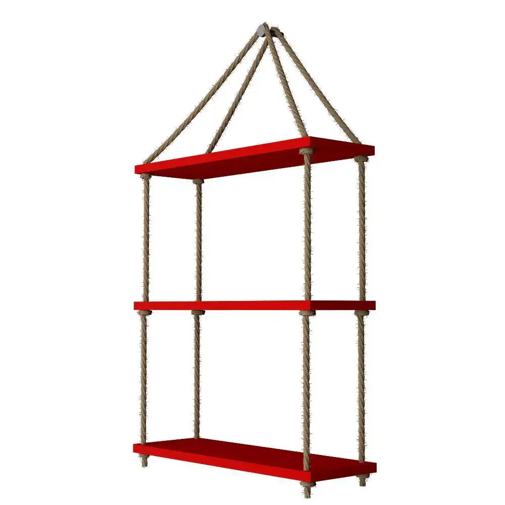 Wooden Wall Hanging Planter Shelf with Rope (3 layers, Red Color)