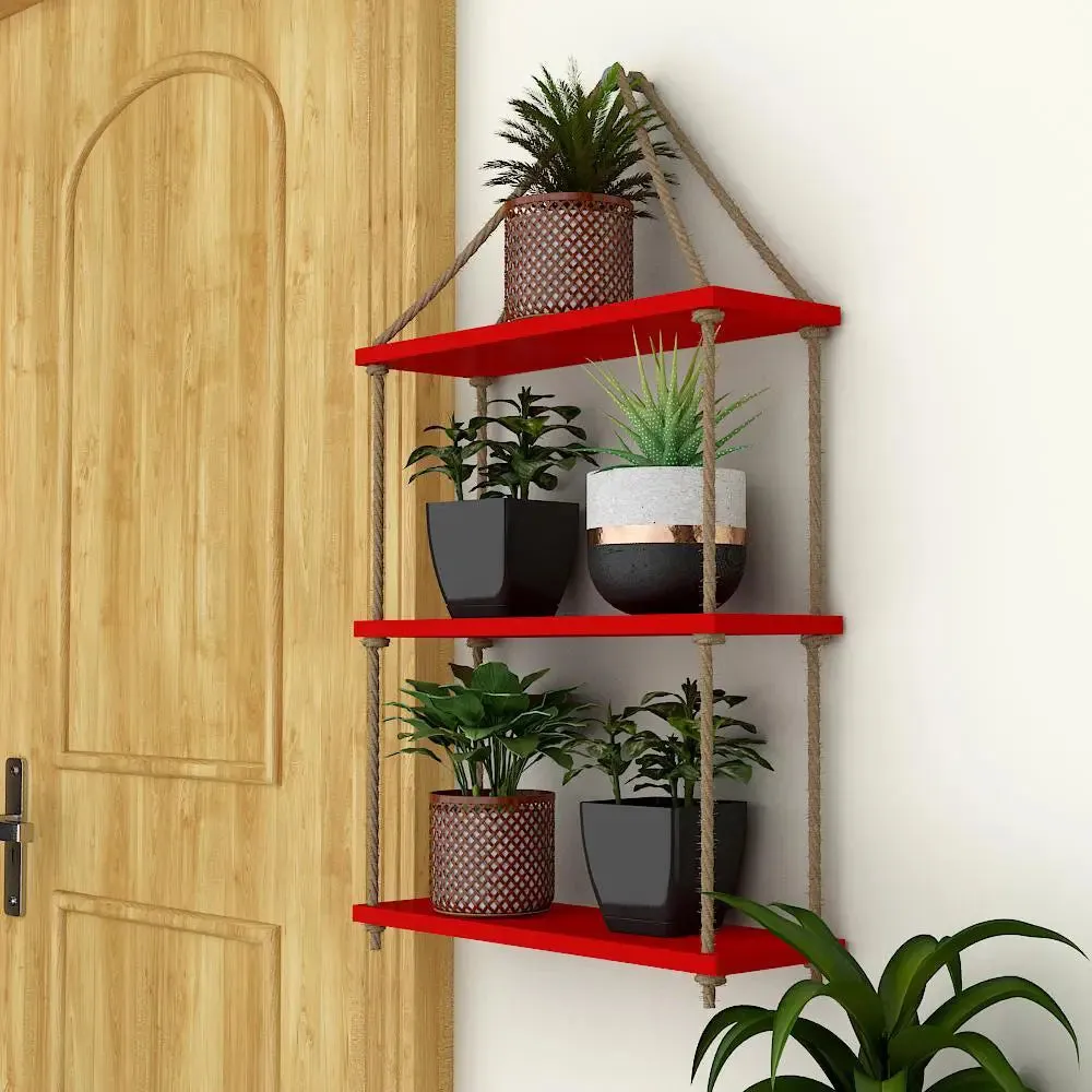 Wooden Wall Hanging Planter Shelf with Rope (3 layers, Red Color)