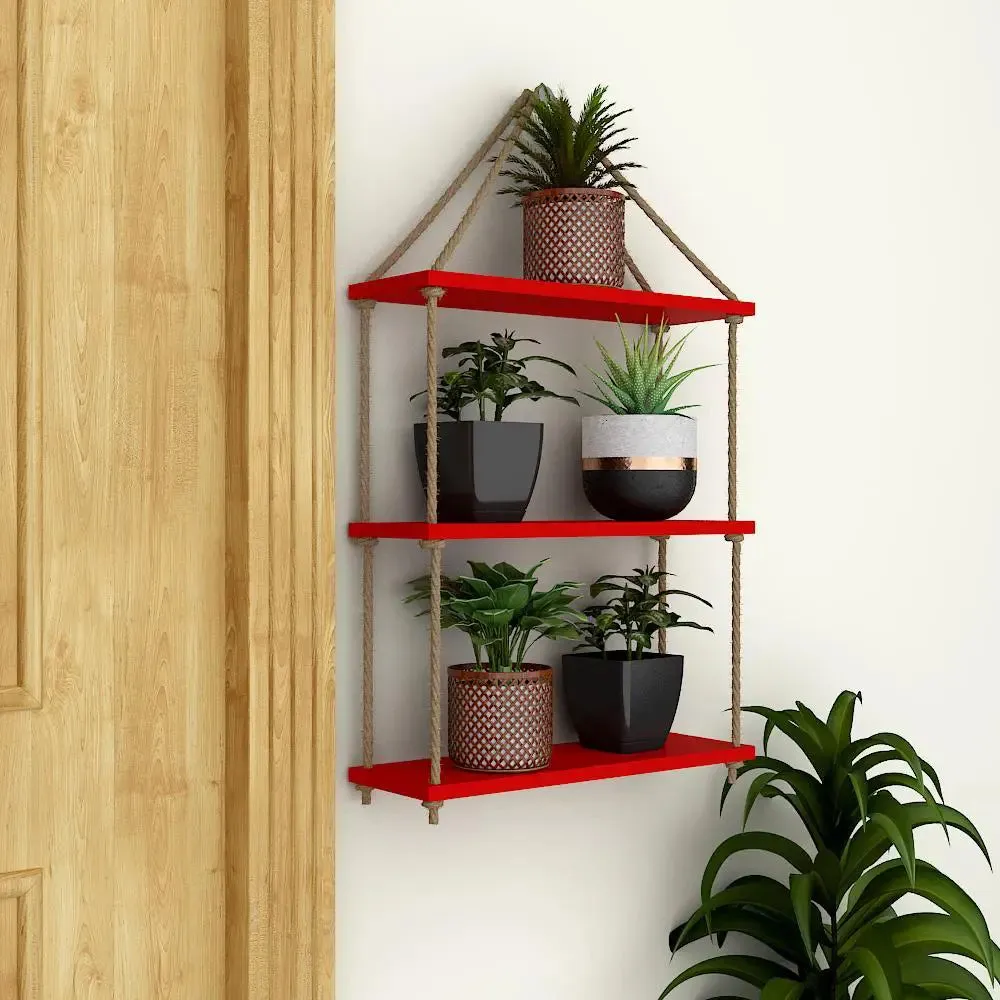 Wooden Wall Hanging Planter Shelf with Rope (3 layers, Red Color)