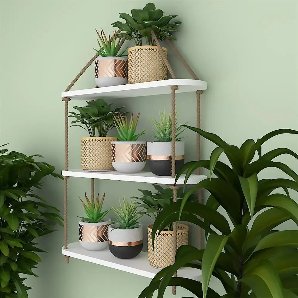 Wooden Wall Hanging Planter Shelf with Rope (3 layers, White Color)
