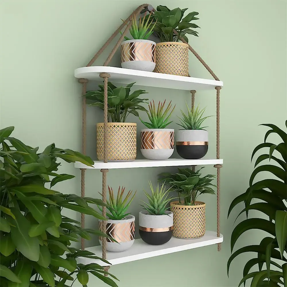 Wooden Wall Hanging Planter Shelf with Rope (3 layers, White Color)